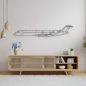 May include: A black metal airplane outline wall art decor. The artwork is mounted on a white wall above a wooden cabinet with a woven front. The room is decorated with plants and a light-colored rug.