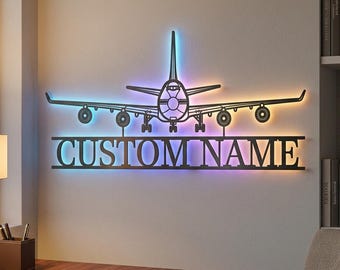 Boeing 747 Front Personalized RGB LED Metal Wall Art, Custom Name Lighted Aircraft Sign, Multi Color Wall Decor, Pilot Decor