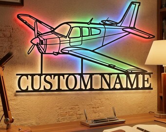 Beechcraft Bonanza F33C Personalized RGB LED Metal Wall Art, Custom Name Lighted Aircraft Sign, Multi Color Wall Decor, Pilot Decor