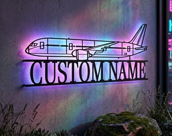 B787 Dreamliner Personalized RGB LED Metal Wall Art, Custom Name Lighted Aircraft Sign, Multi Color Wall Decor, Pilot Decor
