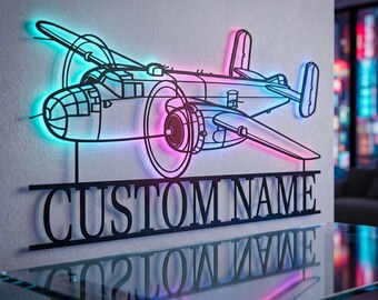 B-25J Mitchell Angle Personalized RGB LED Metal Wall Art, Custom Name Lighted Aircraft Sign, Multi Color Wall Decor, Pilot Decor