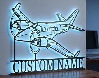 Beechcraft 60 Duke Personalized RGB LED Metal Wall Art, Custom Name Lighted Aircraft Sign, Multi Color Wall Decor, Pilot Decor