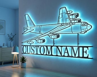 Arte de parede personalizada em metal com LED RGB do Boeing B-52H Stratofortress, placa de aeronave iluminada com nome personalizado, decoração de parede multicolorida para pilotos.