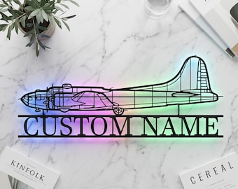 Boeing B-17 Flying Fortress Personalized RGB LED Metal Wall Art, Custom Name Lighted Aircraft Sign, Multi Color Wall Decor, Pilot Decor
