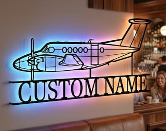 Beechcraft Super King Air B200 Personalized RGB LED Metal Wall Art, Custom Name Lighted Aircraft Sign, Multi Color Wall Decor, Pilot Decor