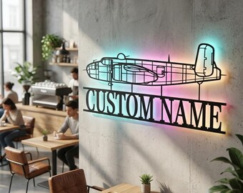 B-25J Airplane Personalized RGB LED Metal Wall Art, Custom Name Lighted Aircraft Sign, Multi Color Wall Decor, Pilot Decor