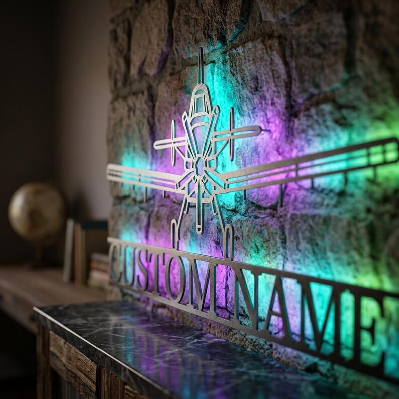 AT-802 Airplane Personalized RGB LED Metal Wall Art, Custom Name