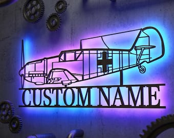 Messerschmitt Bf 109 Personalized RGB LED Metal Wall Art, Custom Name Lighted Aircraft Sign, Multi Color Wall Decor, Pilot Decor