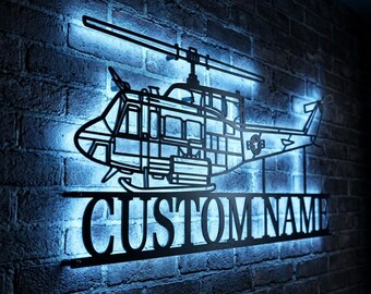 Bell UH-1N Personalized RGB LED Metal Wall Art, Custom Name Lighted Aircraft Sign, Multi Color Wall Decor, Pilot Decor