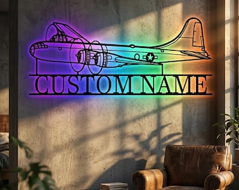 B-29 Superfortress 1944 Angle Personalized RGB LED Metal Wall Art, Custom Name Lighted Aircraft Sign, Multi Color Wall Decor, Pilot Decor