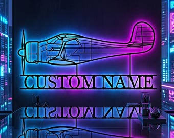 Beechcraft Model D17 Staggerwing Personalized RGB LED Metal Wall Art, Custom Name Lighted Aircraft Sign, Multi Color Wall Decor, Pilot Decor