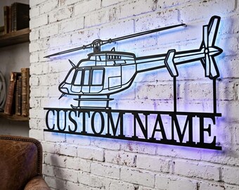 Bell 407GX Personalized RGB LED Metal Wall Art, Custom Name Lighted Aircraft Sign, Multi Color Wall Decor, Pilot Decor
