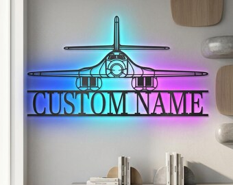 B-1 Lancer Personalized RGB LED Metal Wall Art, Custom Name Lighted Aircraft Sign, Multi Color Wall Decor, Pilot Decor