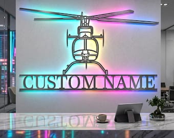 Bell 407 Personalized RGB LED Metal Wall Art, Custom Name Lighted Aircraft Sign, Multi Color Wall Decor, Pilot Decor