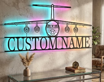 BAe 146 Front Personalized RGB LED Metal Wall Art, Custom Name Lighted Aircraft Sign, Multi Color Wall Decor, Pilot Decor
