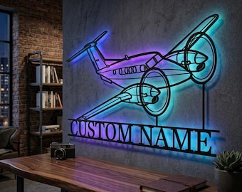 Beechcraft King Air F90 Personalized RGB LED Metal Wall Art, Custom Name Lighted Aircraft Sign, Multi Color Wall Decor, Pilot Decor