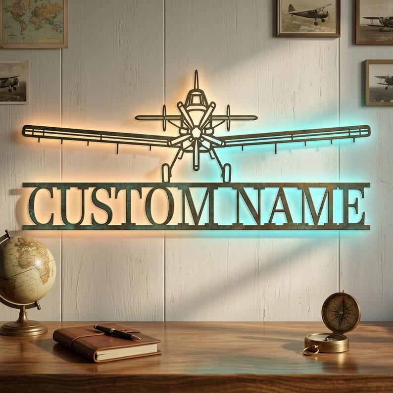 AT-802 Airplane Personalized RGB LED Metal Wall Art, Custom Name