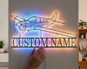 Beechcraft Bonanza A36 Angle Personalized RGB LED Metal Wall Art, Custom Name Lighted Aircraft Sign, Multi Color Wall Decor, Pilot Decor