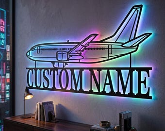 B737-300 Angle Personalized RGB LED Metal Wall Art, Custom Name Lighted Aircraft Sign, Multi Color Wall Decor, Pilot Decor