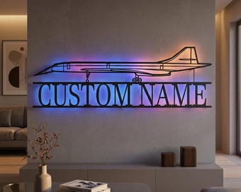 BAC Concorde Personalized RGB LED Metal Wall Art, Custom Name Lighted Aircraft Sign, Multi Color Wall Decor, Pilot Decor