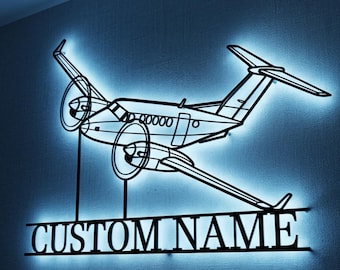 Beechcraft King Air 300 Personalized RGB LED Metal Wall Art, Custom Name Lighted Aircraft Sign, Multi Color Wall Decor, Pilot Decor