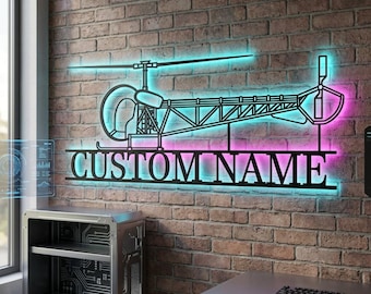 Bell 47 Personalized RGB LED Metal Wall Art, Custom Name Lighted Aircraft Sign, Multi Color Wall Decor, Pilot Decor