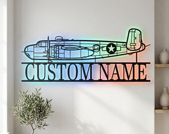 B-25H Personalized RGB LED Metal Wall Art, Custom Name Lighted Aircraft Sign, Multi Color Wall Decor, Pilot Decor