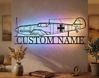 Messerschmitt Bf 109 Personalized RGB LED Metal Wall Art, Custom Name Lighted Aircraft Sign, Multi Color Wall Decor, Pilot Decor