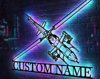 Bell AH-1 Cobra Personalized RGB LED Metal Wall Art, Custom Name Lighted Aircraft Sign, Multi Color Wall Decor, Pilot Decor