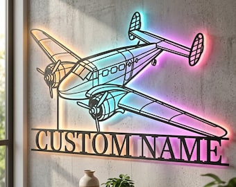 Beechcraft Model 18 Personalized RGB LED Metal Wall Art, Custom Name Lighted Aircraft Sign, Multi Color Wall Decor, Pilot Decor