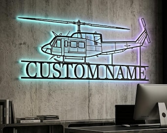 Bell 212 Sentry Personalized RGB LED Metal Wall Art, Custom Name Lighted Aircraft Sign, Multi Color Wall Decor, Pilot Decor