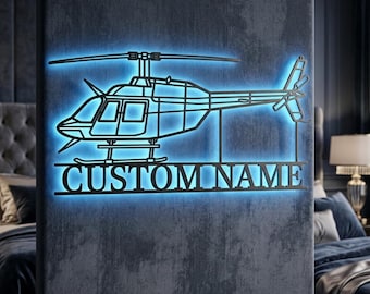 Bell 206 Helicopter Personalized RGB LED Metal Wall Art, Custom Name Lighted Aircraft Sign, Multi Color Wall Decor, Pilot Decor