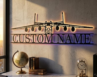 An-225 Mriya Front Personalized RGB LED Metal Wall Art, Custom Name Lighted Aircraft Sign, Multi Color Wall Decor, Pilot Decor