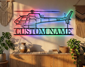 AS 350 B3 Personalized RGB LED Metal Wall Art, Custom Name Lighted Aircraft Sign, Multi Color Wall Decor, Pilot Decor