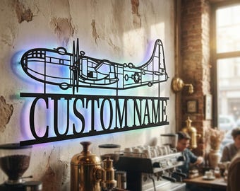 B-29 Superfortress Personalized RGB LED Metal Wall Art, Custom Name Lighted Aircraft Sign, Multi Color Wall Decor, Pilot Decor