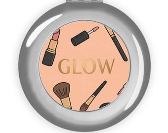 Makeup Brushes & Lipstick Glow compact travel mirror | Cosmetic Pocket Mirror