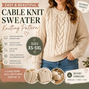Oversized cable knit sweater pattern, Relaxed drop-shoulder fit, Aran weight PDF for beginner knitters