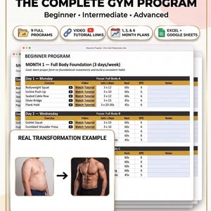 以下が含まれることがあります： 初心者、中級者、上級者向けのデジタルジムプログラム「The Complete Gym Program」。9つのフルプログラム、ビデオチュートリアルリンク、1ヶ月・3ヶ月・6ヶ月のプラン、ExcelおよびGoogleスプレッドシートとの互換性が含まれています。
