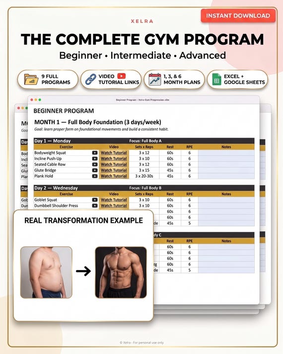 Gym Workout Program Spreadsheet, Beginner to Advanced Training, 1, 3 and 6 Month Progression