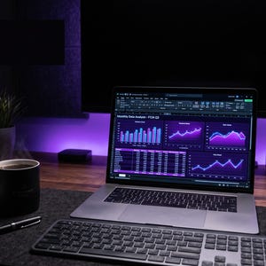 May include: A silver laptop displaying a data dashboard with purple charts and graphs titled Monthly Data Analysis - FY24 Q3. The laptop sits on a dark gray desk mat next to a black coffee mug, a pen, a wireless keyboard, and a computer mouse.
