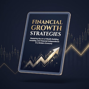 May include: A digital tablet displaying the title FINANCIAL GROWTH STRATEGIES and the subtitle Mastering the Art of Wealth Building, Investing, and Financial Independence in a Modern Economy, featuring a gold upward trending arrow and stock chart.