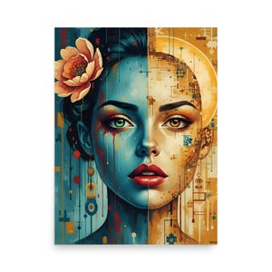 Może przedstawiać: Podzielony wydruk artystyczny przedstawiający kobietę, z jedną stroną w kolorze turkusowym, a drugą w złotym. Turkusowa strona ma zielone oko, a złota brązowe. Duży pomarańczowy kwiat zdobi jej włosy. Nowoczesny styl sztuki cyfrowej.