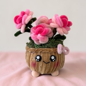Kawaii Flower Pot Decor | Handmade Pipe Cleaner Pink Rose Planter | Cute Desk Decor Gift for Her | Small Floral Room Accent