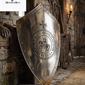 May include: A polished silver heater shield featuring a central circular emblem with two figures on horseback, surrounded by the text 'Sigillum Militum Xpsti'. Above the circle is a cross, and below is a knot design. Gold-toned metal accents line the edges.
