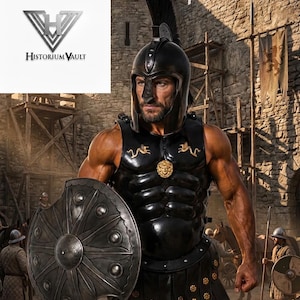 May include: A warrior wearing a black helmet with a crest and a black cuirass featuring gold accents, including a central Medusa emblem and two small golden figures. The warrior holds a large, round, dark metal shield with embossed circular details.