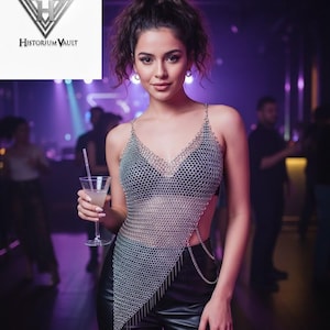 May include: A silver chainmail top with a V-neck design and a draped asymmetrical hemline. The top is paired with black leather pants. The image also features a cocktail glass and the logo "Historium Vault".