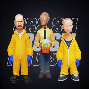 May include: Three cartoon figures from the Breaking Bad series. Two figures wear yellow hazmat suits with blue gloves. The central figure holds a Los Pollos Hermanos cup. The background has the words "Breaking Bad" in white.