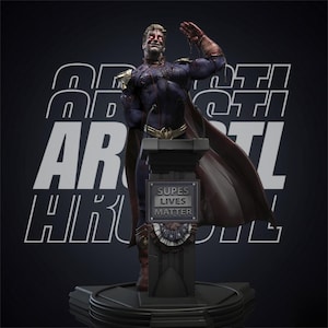 May include: A detailed statue of a superhero in a dark blue suit with a red cape, standing on a pedestal. The statue has a sinister expression and the text "Supes Lives Matter" is on the pedestal. The background has the text "Anti Hero".