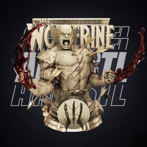 May include: A detailed statue of Wolverine, a Marvel Comics character, with an open mouth and claws. The statue is pierced with arrows and has blood-like effects on the hands. The text "Wolverine" and "A Marvel Comics Limited Series" are visible.