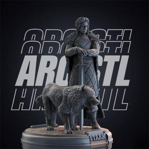 Può includere: Statua grigia di un uomo con una spada, accanto a un lupo. La base della statua riporta la parola "STARK". Lo sfondo presenta il testo "ARCH STL" in bianco.